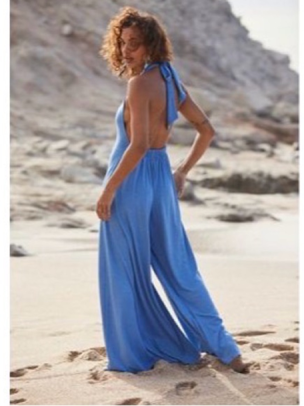 Free People Sky-Blue Backless Wide-Leg Jumpsuit